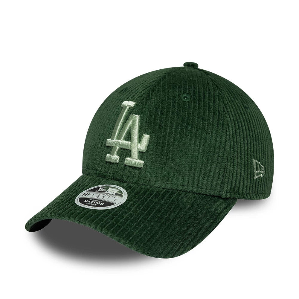 LA Dodgers Womens MLB Chunky Cord Green New Era 9FORTY M-Crown Adjustable Cap, three-quarter view showing a white raised embroidered LA logo on the front panel, 9FORTY size sticker on the curved visor, and New Era flag logo on the left side.