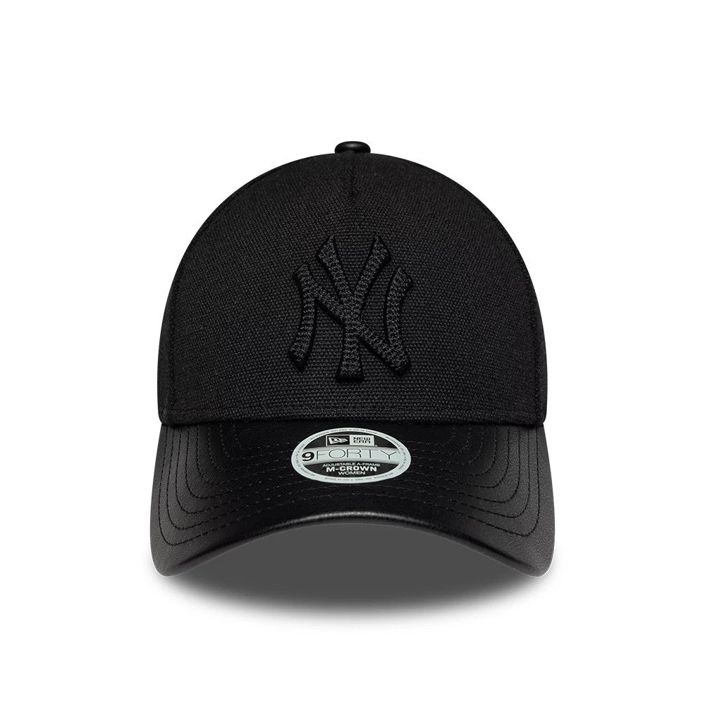 Yankees Womens MLB Fabric Mix Black New Era 9FORTY M-Crown A-Frame Adjustable Cap, front view showing a raised black embroidered NY logo on the black fabric crown, with a curved black visor and 9FORTY size sticker on the visor.