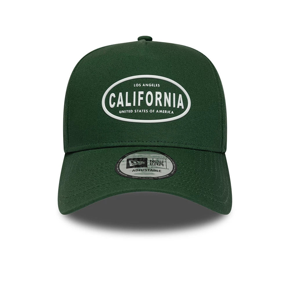 New Era Rubber Logo Dark Green 9FORTY E-Frame Adjustable Cap, front view showing a white 'California' logo on the structured dark green crown, with a curved visor and a 9FORTY size sticker centrally placed on the visor.