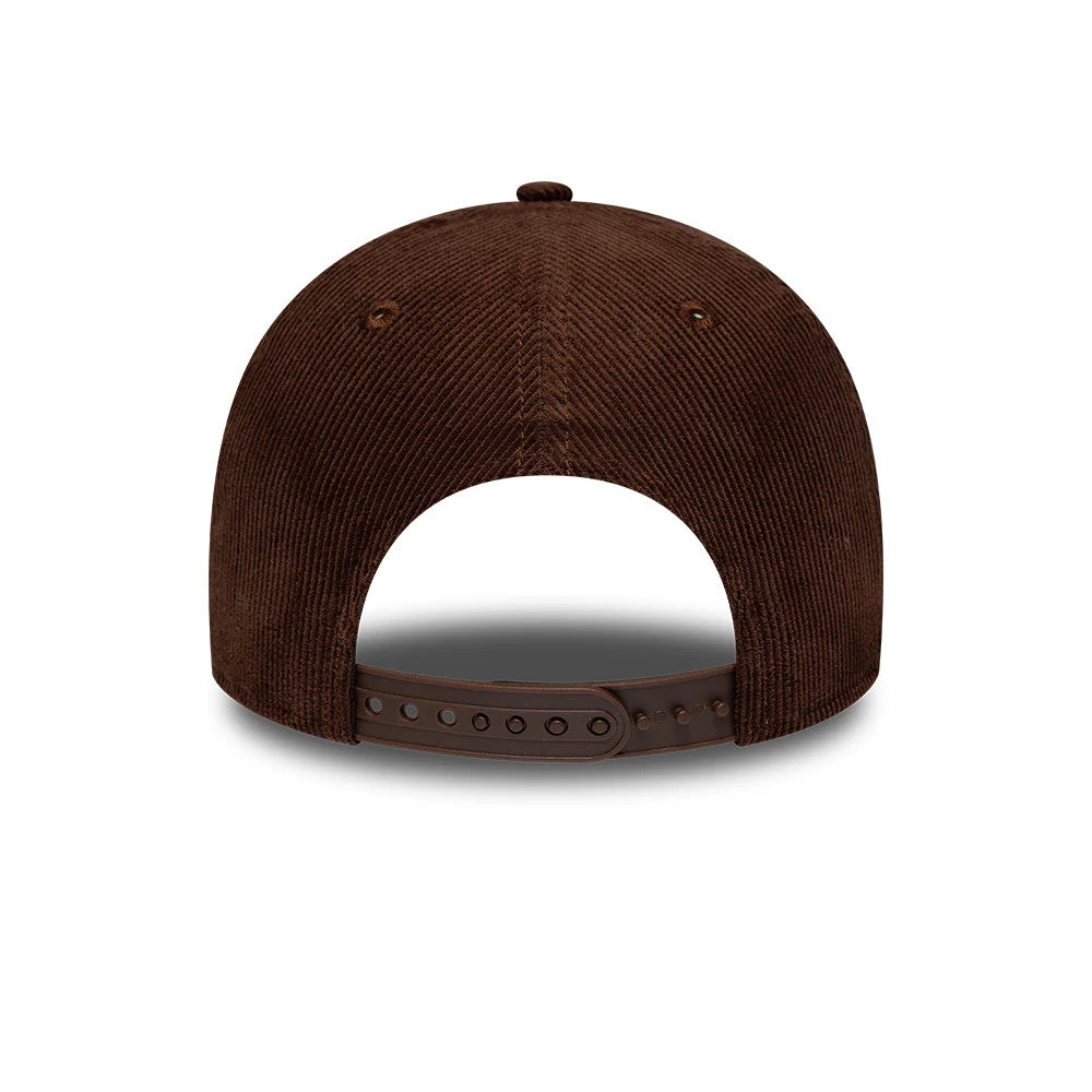 LA Dodgers MLB Cord Brown New Era 9FORTY Adjustable Cap, rear view showing a structured brown corduroy crown with matching embroidered eyelets, and a brown adjustable snap closure at the back.
