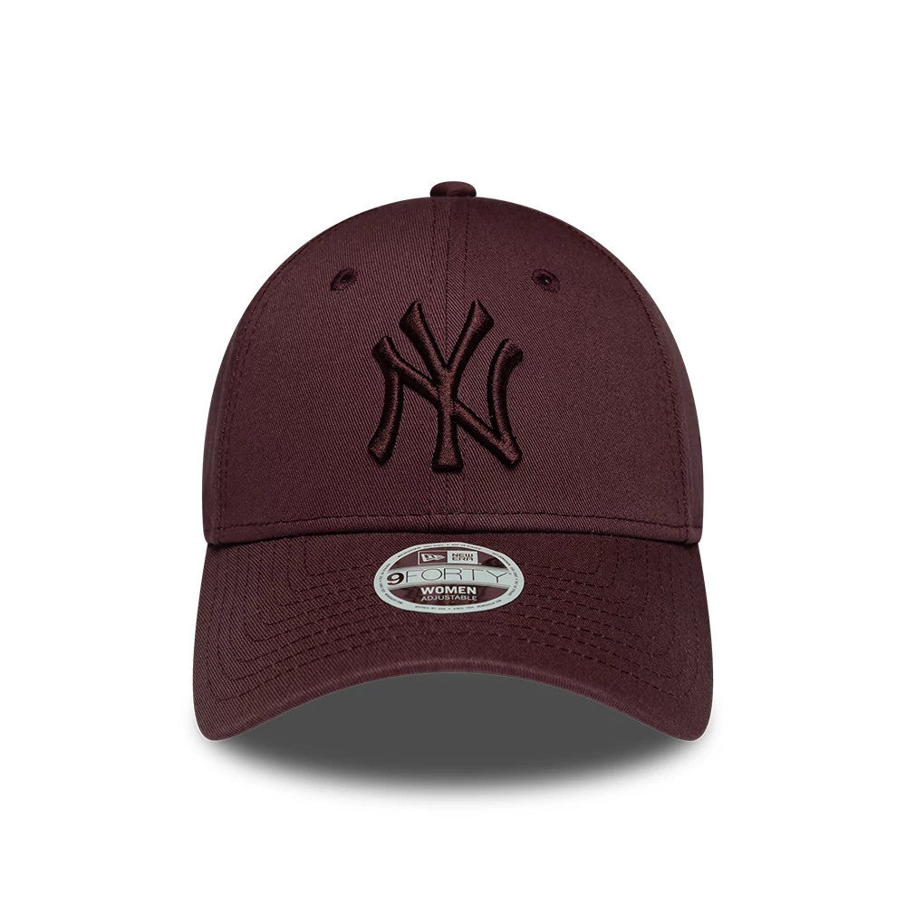 Yankees Womens MLB League Essential Dark Purple New Era 9FORTY Adjustable Cap, front view showing raised dark purple NY logo embroidery on the structured crown, curved visor with the 9FORTY size sticker, and matching top button.