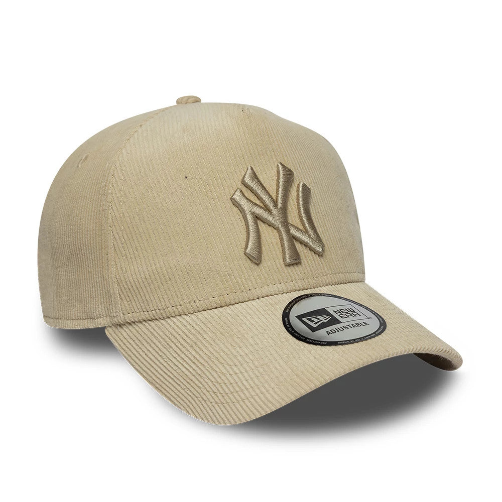 New York Yankees MLB Cord Light Beige New Era 9FORTY E-Frame Adjustable Cap, front view showing the raised New York Yankees logo in beige embroidery on the light beige corduroy front panel, with a 9FORTY size sticker on the curved visor.