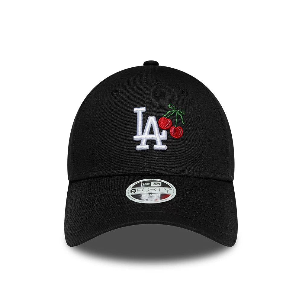 LA Dodgers Womens MLB Fruit Icon Black New Era 9FORTY Adjustable Cap, front view showing a white LA logo alongside embroidered cherries on the black crown, with a curved black visor and a 9FORTY size sticker.