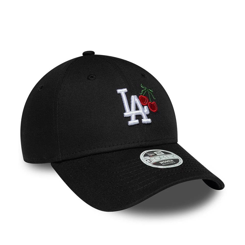 LA Dodgers Womens MLB Fruit Icon Black New Era 9FORTY Adjustable Cap, three-quarter view showing the white embroidered LA logo and cherry graphic on the front panel, curved black visor with a 9FORTY size sticker.