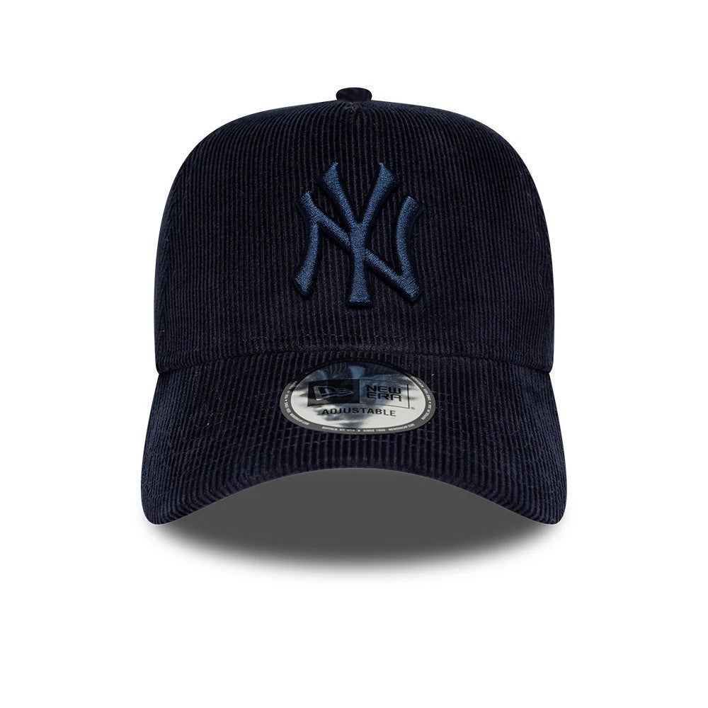 New York Yankees MLB Cord Navy New Era 9FORTY E-Frame Adjustable Cap, front view showing the raised navy embroidered NY logo on the navy corduroy front panel, with a 9FORTY size sticker on the curved visor.