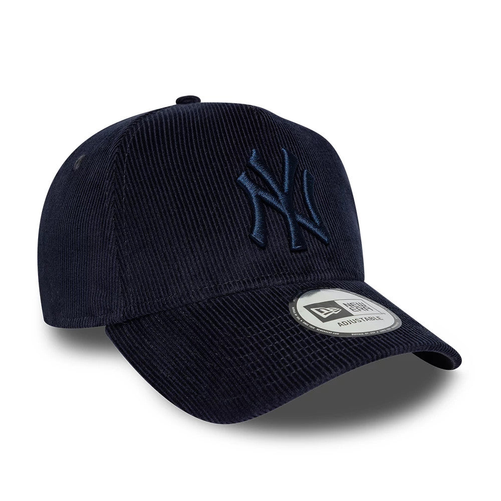 New York Yankees MLB Cord Navy New Era 9FORTY E-Frame Adjustable Cap, front view showing the navy NY logo in raised embroidery on the structured corduroy crown, with a curved visor and a 9FORTY size sticker on the visor.