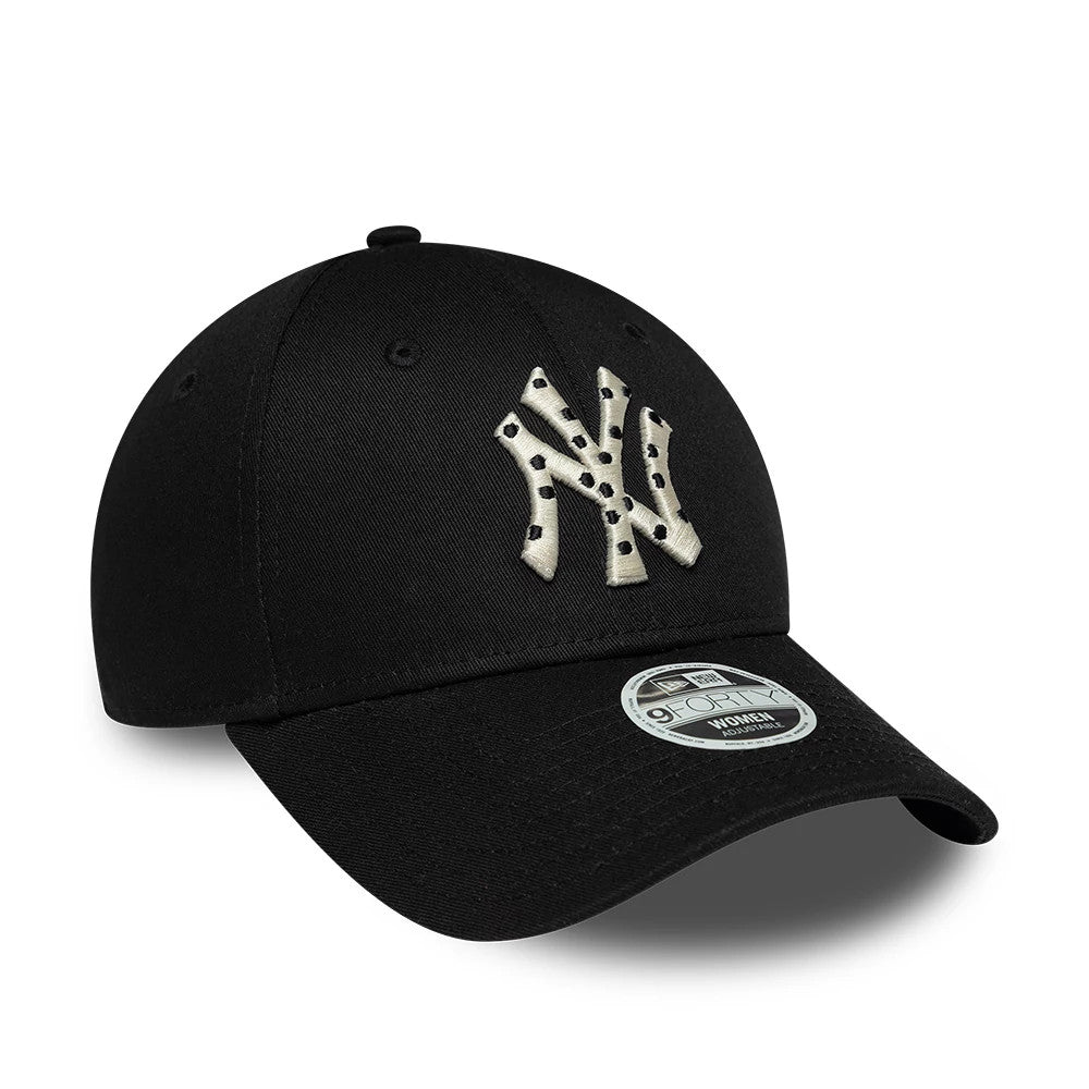 New York Yankees Womens MLB Infill Black New Era 9FORTY Adjustable Cap, three-quarter view showing a white and black spotted raised embroidered Yankees logo on the front panel, a curved black visor, and a 9FORTY size sticker on the top.