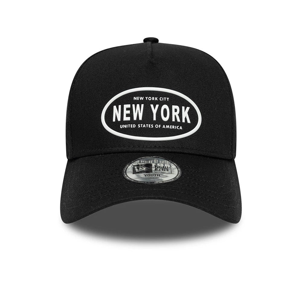 Pictured is this Youth New Era Rubber 9FORTY E-Frame cap in black. 2
