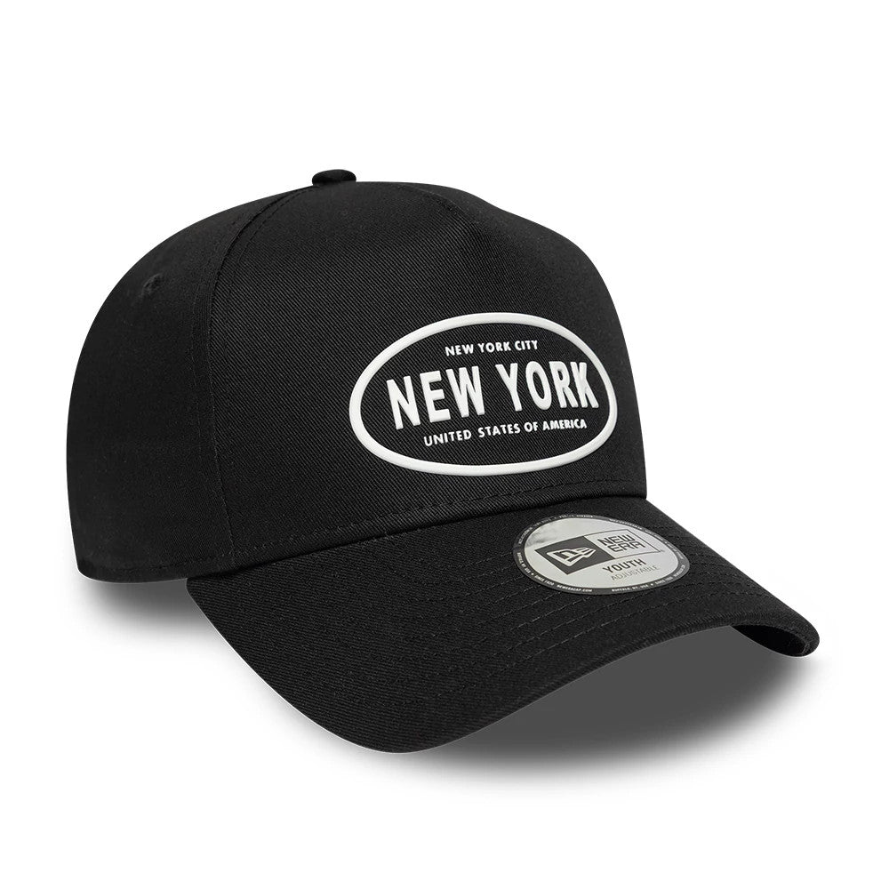 Youth New Era Rubber Black 9FORTY E-Frame Adjustable Cap, three-quarter view showing a raised black and white New York graphic on the front panel, pre-curved black visor with a 9FORTY size sticker, and top button detail.
