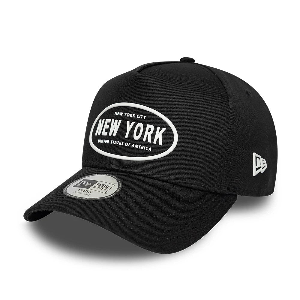 Pictured is this Youth New Era Rubber 9FORTY E-Frame cap in black. 1