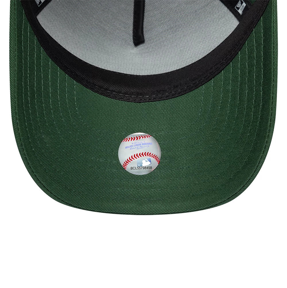 Youth New Era Rubber Dark Green 9FORTY E-Frame Adjustable Cap, inside view featuring a light grey undervisor with black sweatband, a baseball graphic sticker at the centre, and contrast stitching along the dark green visor edge.