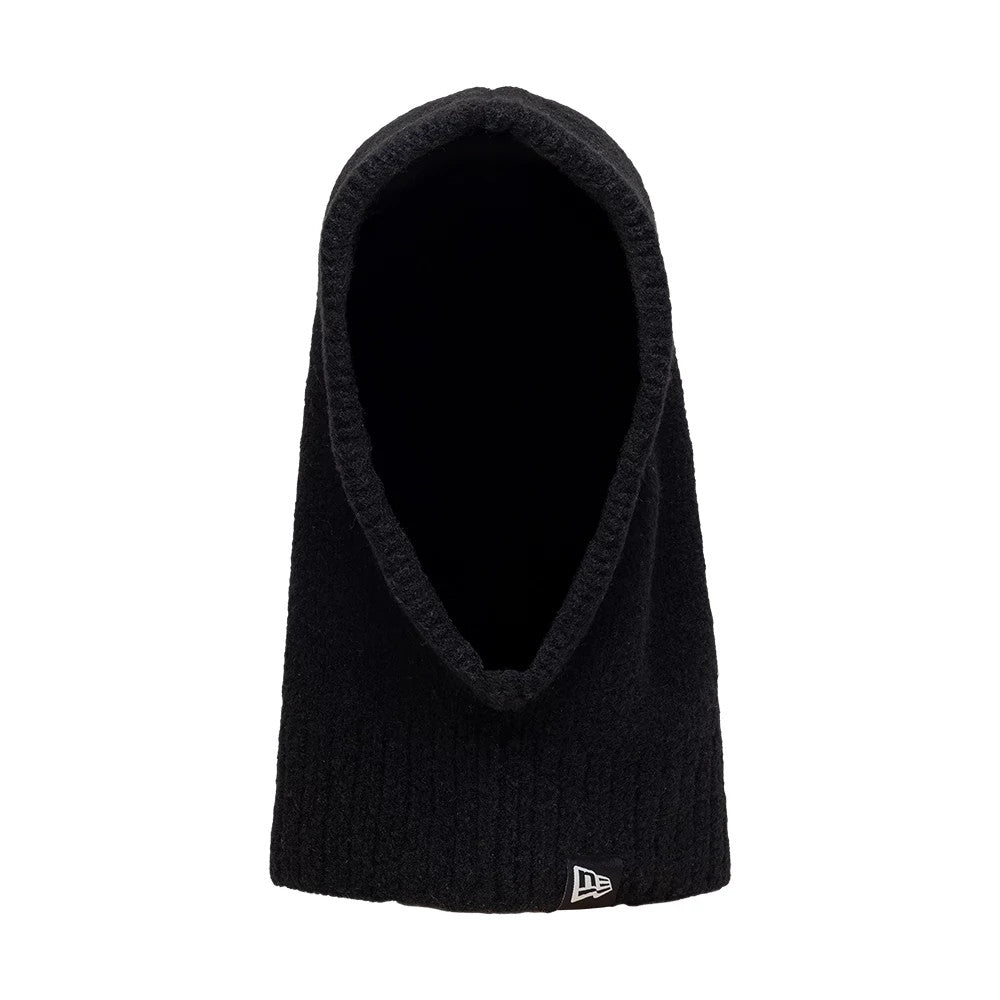 New Era Slouch Black Balaclava Hat, front view showing the open hood design with a soft texture and the New Era flag logo on the lower front, crafted to provide a snug fit around the face and neck.