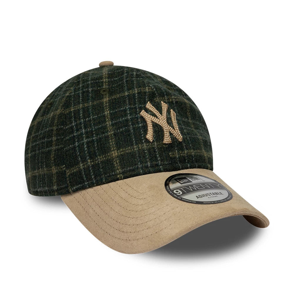 Yankees MLB Plaid Dark Green & Light Beige New Era 9TWENTY Adjustable Cap, three-quarter view showing a raised beige embroidered NY logo on the dark green plaid front panel, a curved light beige visor and a 9TWENTY size sticker on the top.