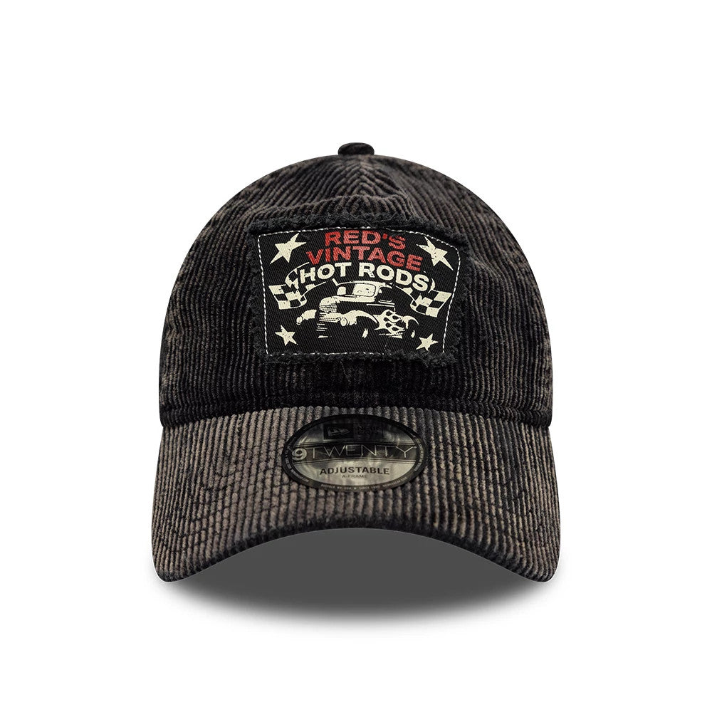 New Era Patch Acid Cord Black 9TWENTY Adjustable Cap, front view showing a black and white embroidered patch with Red's Vintage Hot Rods in red, enhanced by a corduroy texture and a black 9TWENTY size sticker on the curved visor.