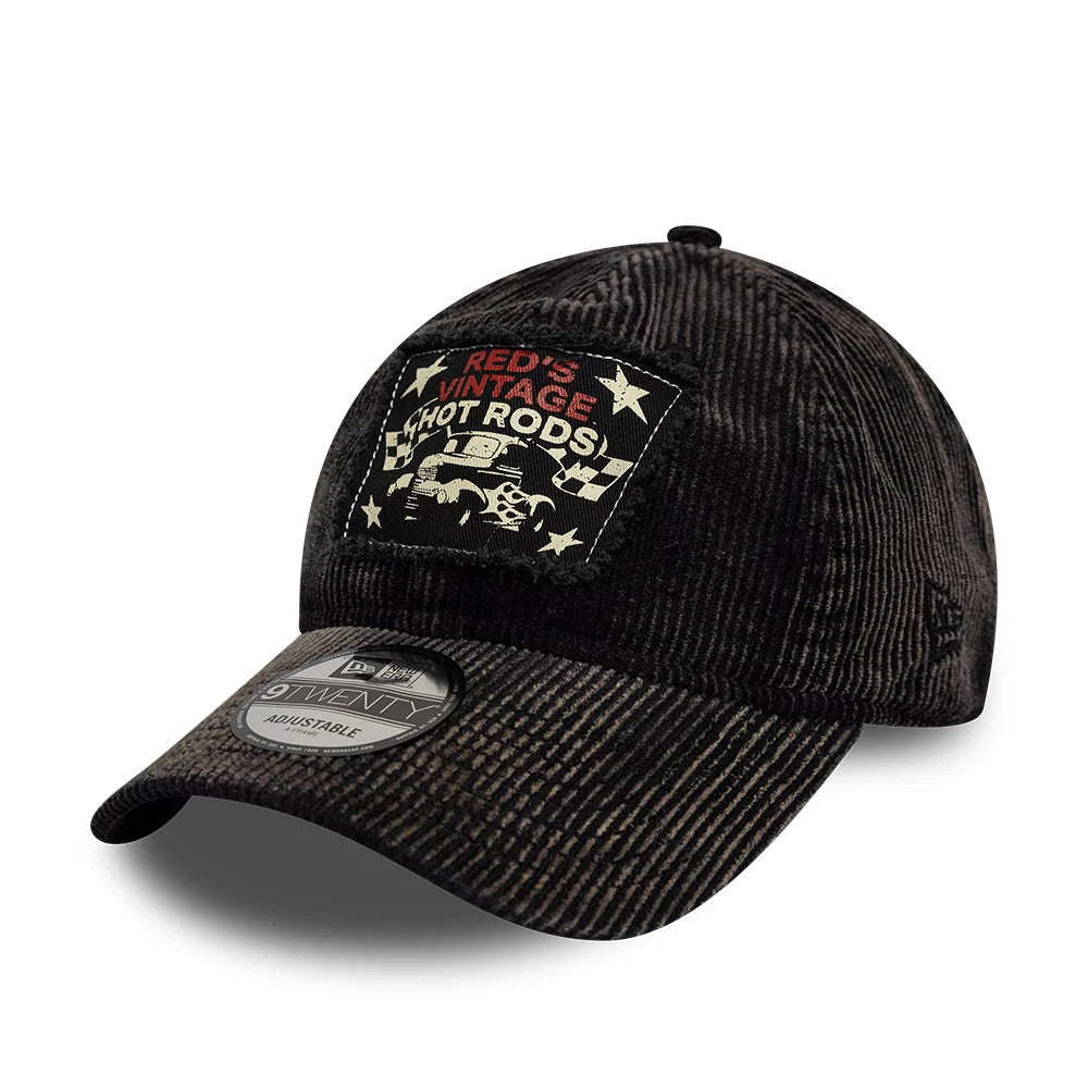 New Era Patch Acid Cord Black New Era 9TWENTY Adjustable Cap, front view showing a textured black corduroy finish, a Red's Vintage Hot Rods patch on the front panel, and a 9TWENTY size sticker on the curved visor.