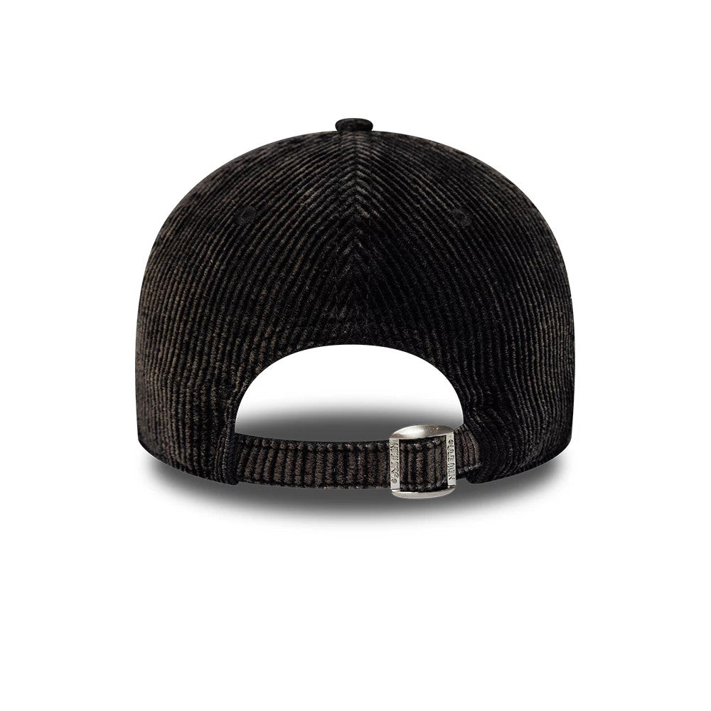New Era Patch Acid Cord Black 9TWENTY Adjustable Cap, rear view showing the black corduroy texture on the crown, a silver buckle on the adjustable strap closure, and stitched eyelets evenly spaced on the panels.