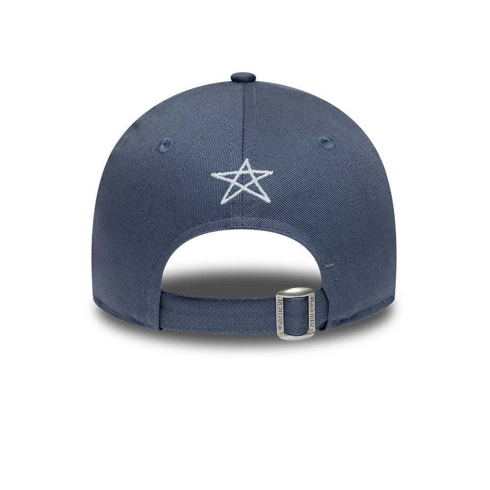 Yankees Child MLB Space Glow In The Dark Blue New Era 9FORTY Adjustable Cap, rear view showing a white embroidered star logo centred on the back panels, with a curved blue visor and a silver adjustable fabric strap at the base.