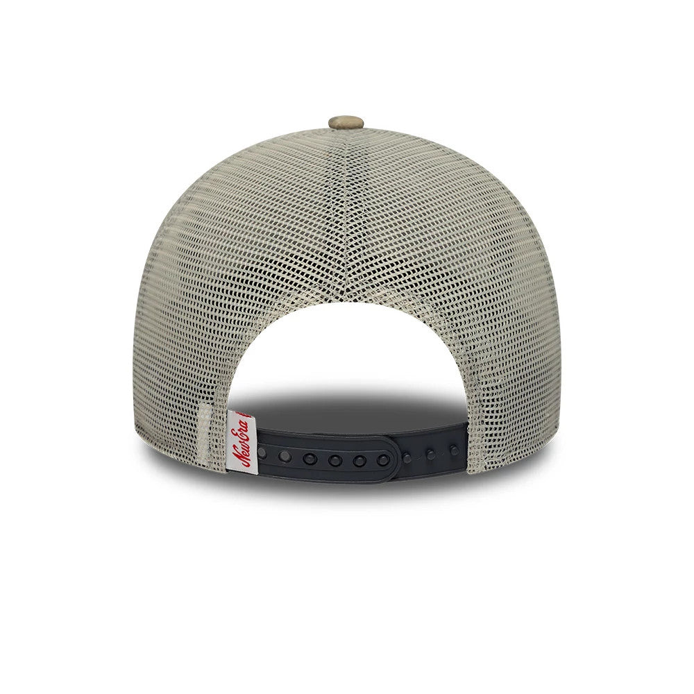 New Era Camo Dark Green 9FORTY M-Crown A-Frame Trucker Adjustable Cap, rear view showing a black mesh back with a curved snapback closure, a small New Era flag label in red and white on the left side of the strap.