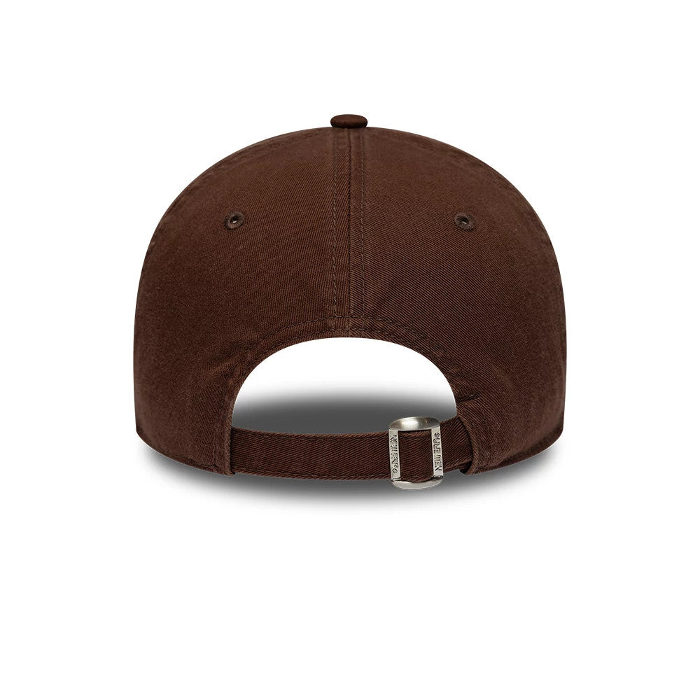 LA Dodgers MLB Washed Midi Logo Brown New Era 9TWENTY Adjustable Cap, rear view showing the curved brown crown with matching eyelets, a buckle on the adjustable strap, and New Era branding engraved on the clasp.