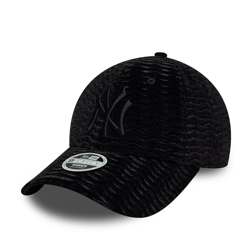 New York Yankees Womens MLB Velour Black New Era 9FORTY Adjustable Cap, front view showing the black raised embroidered NY logo on the black velour textured crown, with a curved visor and a 9FORTY size sticker on the visor.