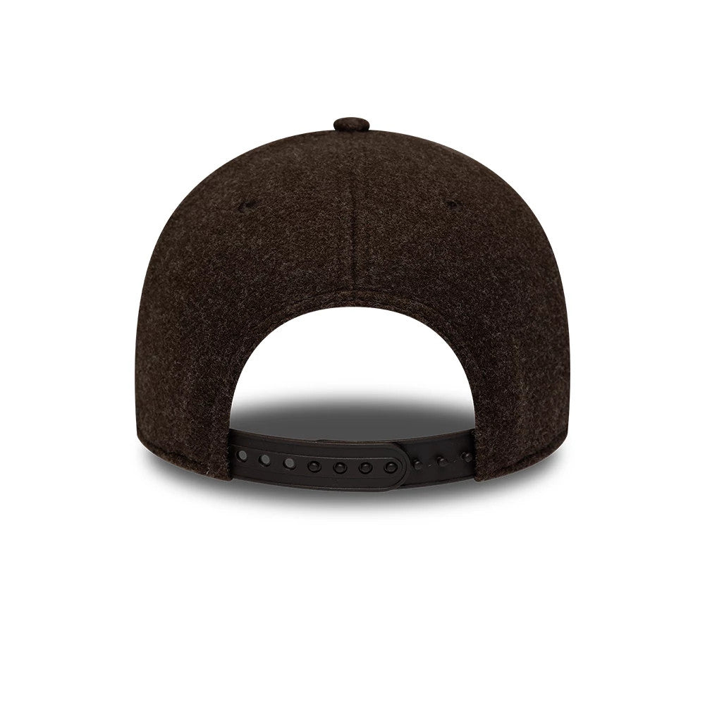 New York Yankees MLB Winter Brown New Era 9FORTY Adjustable Cap, rear view showing the dark brown fabric crown with an adjustable black plastic strap at the back, featuring a contoured shape with matching brown stitching and no back logo.