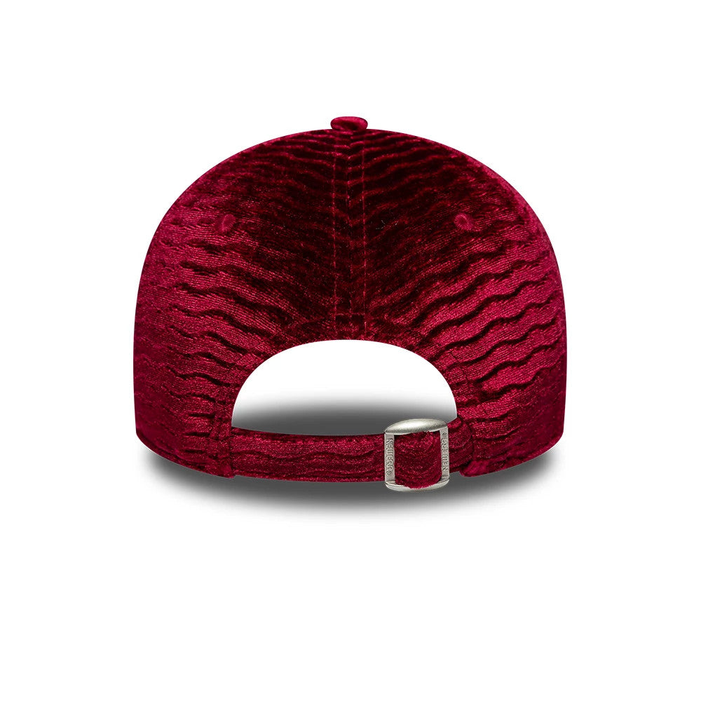 LA Dodgers Womens MLB Velour Dark Red New Era 9FORTY Adjustable Cap, rear view showing the curved dark red velour panels with a buckle strap at the back, and matching dark red eyelets and top button completing the luxurious design.