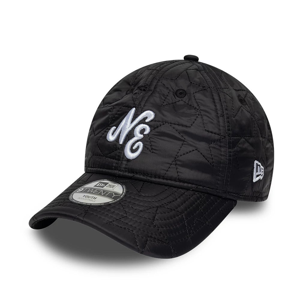 Youth New Era Star Padded Black 9TWENTY Adjustable Cap, three-quarter view showing the raised white NE embroidery on the front panel, intricate star-shaped stitching on the black padded fabric, and the New Era flag logo on the left side.
