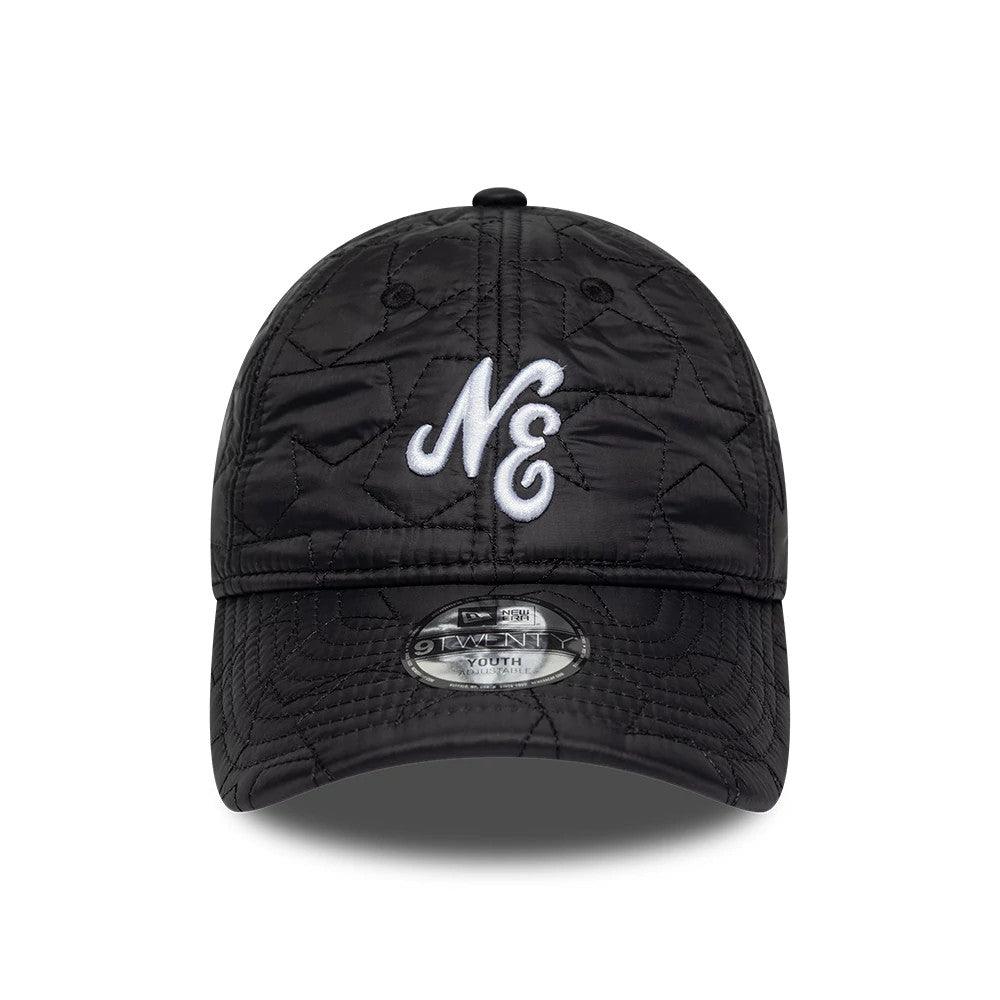 Youth New Era Star Padded Black 9TWENTY Adjustable Cap, front view showing raised white embroidered NE letters on the structured black crown, quilted star pattern throughout, and a 9TWENTY size sticker on the slightly curved visor.