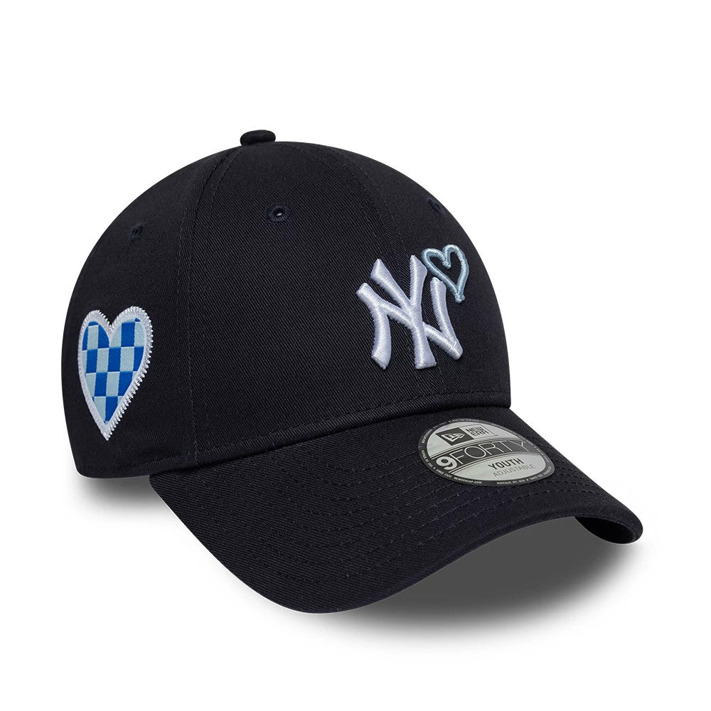 Pictured is this Youth MLB Heart Icon New York Yankees 9FORTY cap in navy. 1