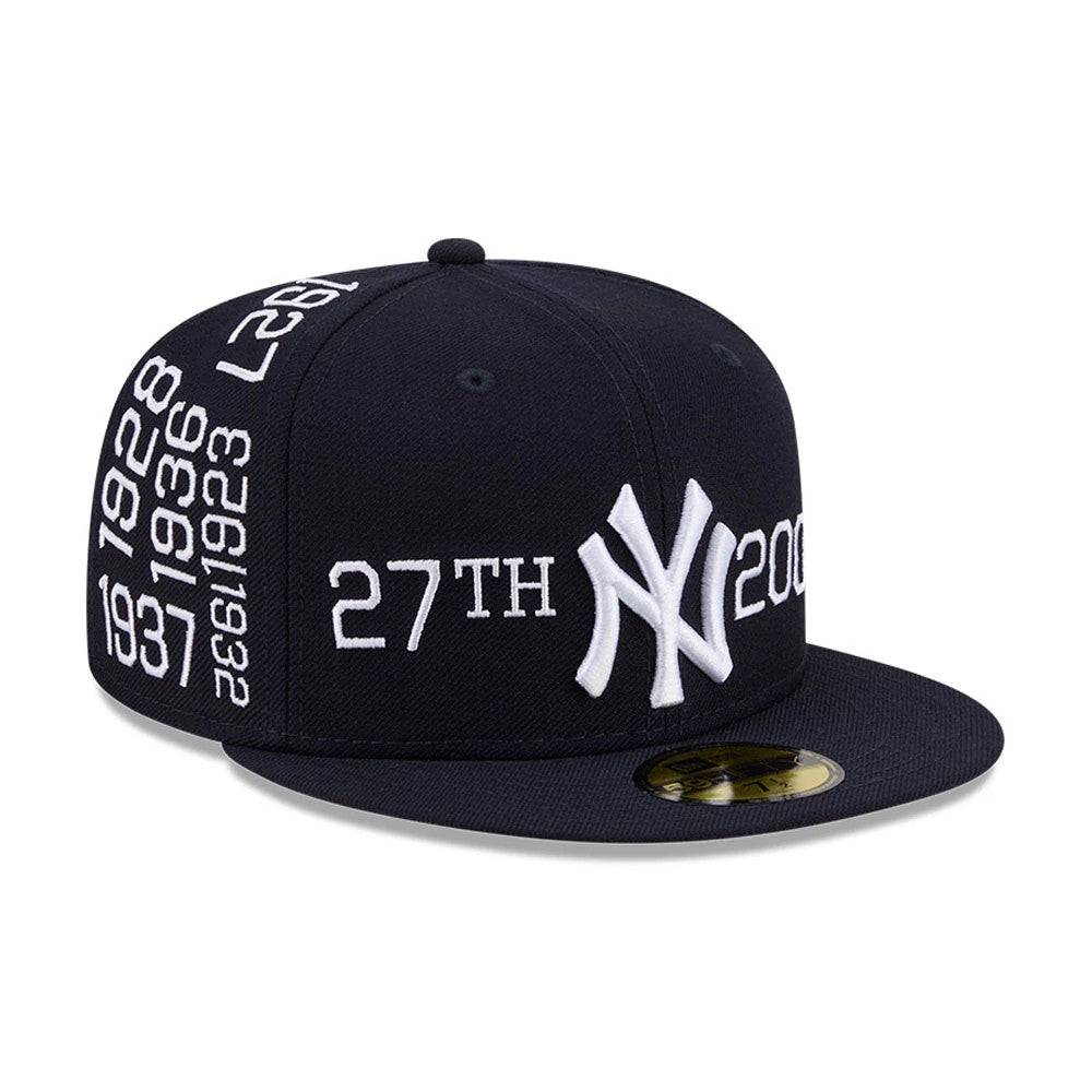 New York Yankees MLB X Spike Lee Script Navy New Era 59FIFTY Fitted Cap, three-quarter view showing raised white NY logo and 27th embroidery on front panel, gold 59FIFTY size sticker on flat navy visor, and side dates in white embroidery.