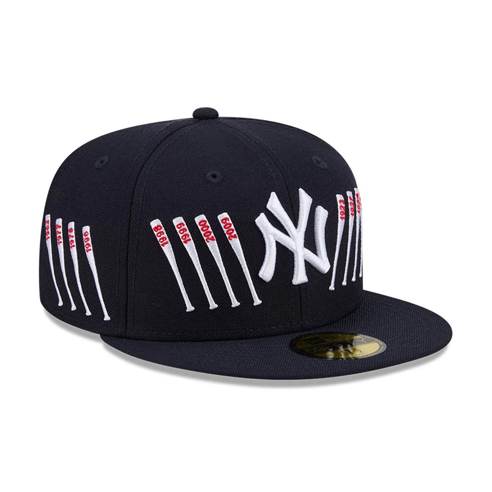 Yankees MLB X Spike Lee Baseball Bats Navy New Era 59FIFTY Fitted Cap, three-quarter view showing the raised white NY logo on the navy front panel, embroidered white baseball bats with red years on the sides.