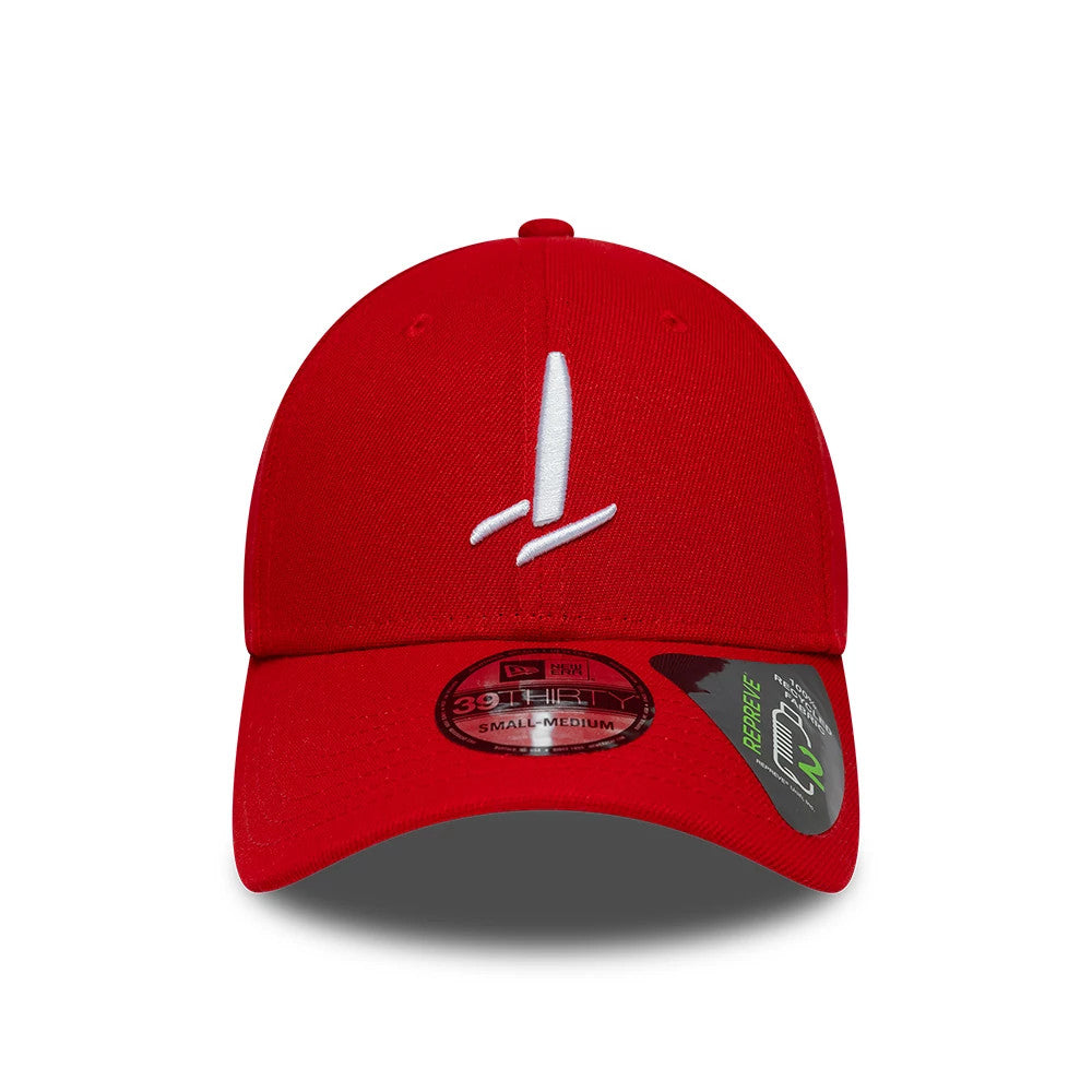Sail GP Repreve® Catamaran Red New Era 39THIRTY Stretch Fit Cap, front view showing a white embroidered sail logo on the structured red crown, with a curved red visor and dual 39THIRTY size and Repreve® fabric stickers.