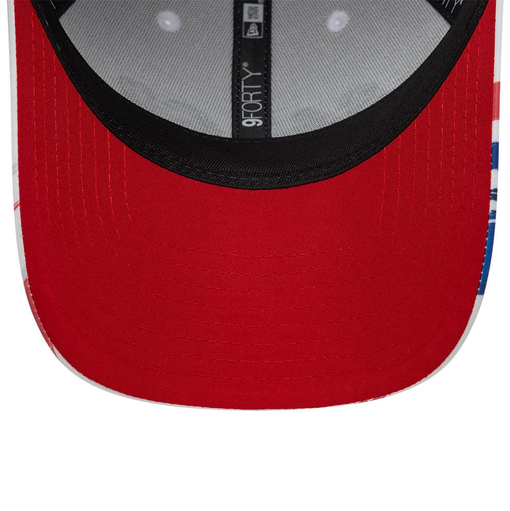 Sail GP USA Air Event White New Era 9FORTY Adjustable Cap, inside view showing the black sweatband with 9FORTY branding, contrasting with a bright red undervisor and featuring white stitching on the structured panels.