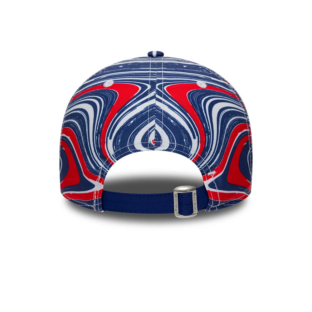 Sail GP UK Air Event White New Era 9FORTY Adjustable Cap, rear view showing a abstract red, white, and blue pattern covering the structured crown, with a buckle on the adjustable strap at the base of the panels.
