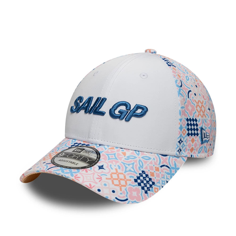Sail GP Mediterranean Air Event White New Era 9FORTY Adjustable Cap, front view showing the blue embroidered Sail GP lettering on the white front panel, multicoloured geometric pattern on the visor and side panels.