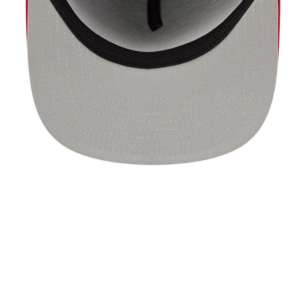 NBA Logo NBA Tip Off 2026 Blue New Era 9FIFTY A-Frame Snapback Adjustable Cap, inside view showing a grey undervisor with concentric stitching, a black sweatband lining the edge, and the base of an interior panel.