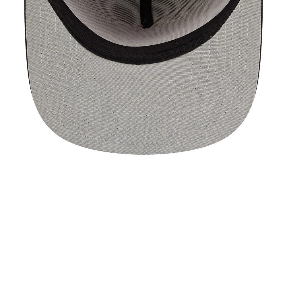 Miami Heat NBA Tip Off 2026 Dark Red New Era 9FIFTY A-Frame Snapback Adjustable Cap, inside view showing a grey undervisor with detailed stitching, a black sweatband encircling the inner crown, and dark taping running across the panel seams.