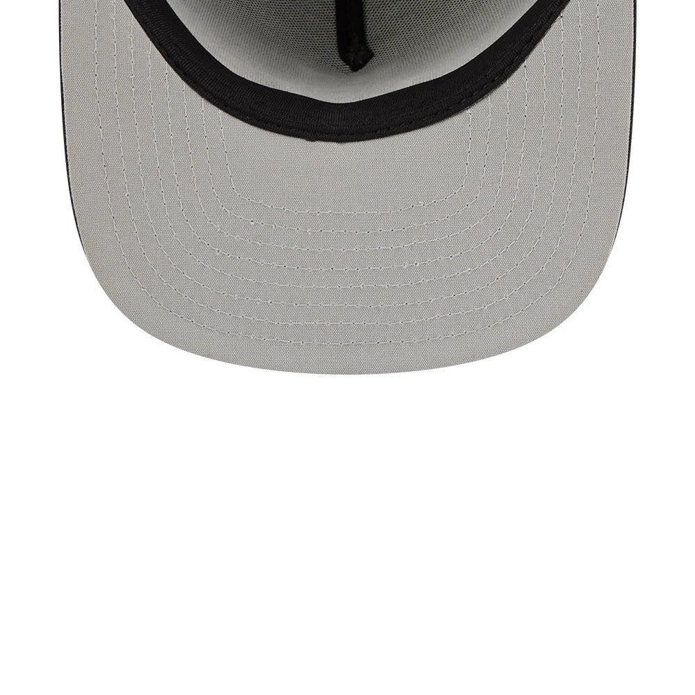 Brooklyn Nets NBA Tip Off 2026 Dark Grey New Era 9FIFTY A-Frame Snapback Adjustable Cap, inside view showing the light grey undervisor, black sweatband, and aligned black taping along the seams for structured support.