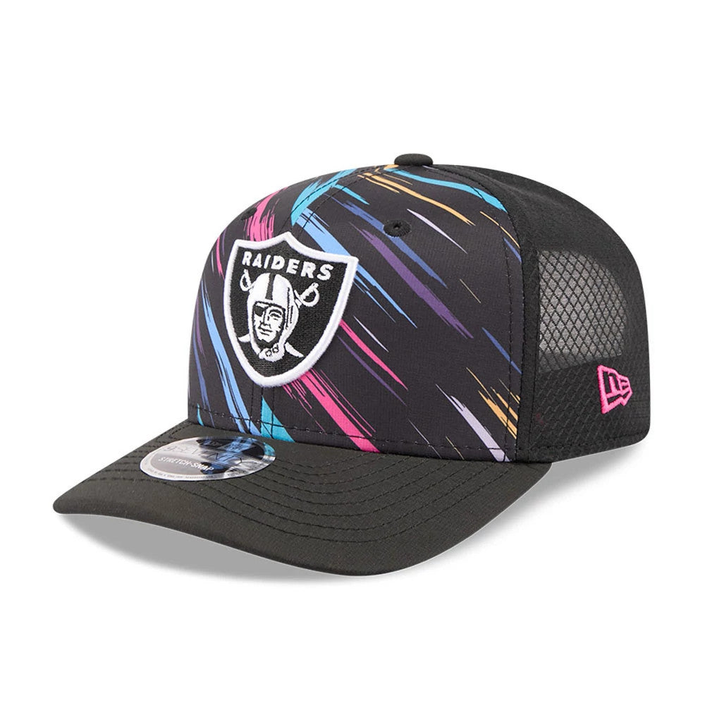 Raiders NFL City Connect 2026 Black New Era 9SEVENTY Stretch Snap Adjustable Cap, front and side view showing the white embroidered Raiders logo on a colourful graphic front panel, with a black visor.
