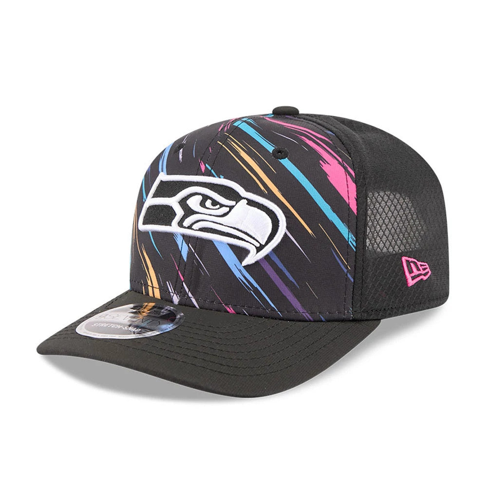 Seahawks NFL City Connect 2026 Black New Era 9SEVENTY Stretch Snap Adjustable Cap, front view showing the white embroidered Seahawks logo on a multicoloured brushstroke design, black curved visor with a 9SEVENTY size sticker.