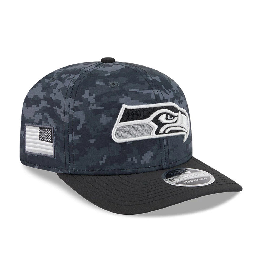 Seahawks NFL Digi Camo & Black New Era 9SEVENTY Stretch Snap Adjustable Cap, three-quarter view showing the white and grey Seahawks logo embroidered on the front panel, a digi camo patterned crown.