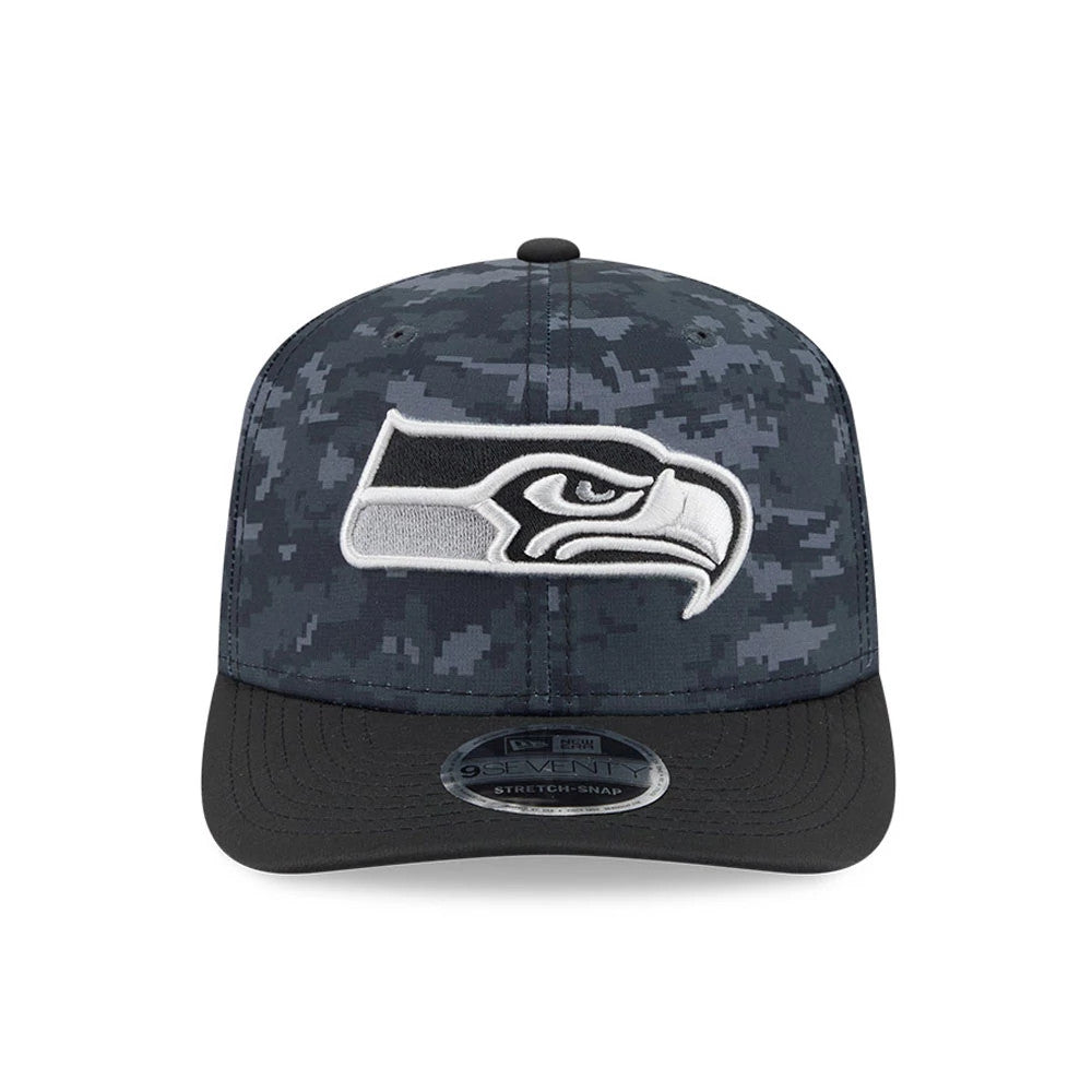 Seahawks NFL Digi Camo & Black New Era 9SEVENTY Stretch Snap Adjustable Cap, front view showing the raised embroidered white and black Seahawks logo on the digi camo front panels, with a black curved visor and 9SEVENTY size sticker.