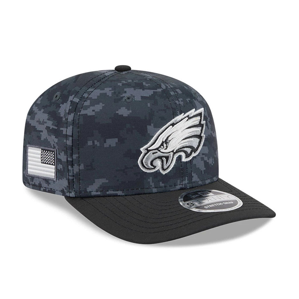 Eagles NFL Digi Camo & Black New Era 9SEVENTY Stretch Snap Adjustable Cap, front view showing a raised embroidered white and black Eagles logo on the front panel, black visor with 9SEVENTY size sticker, and digital camo pattern on the crown.
