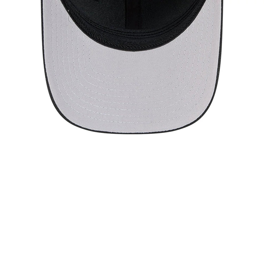 Anaheim Ducks NHL Black New Era 39THIRTY M-Crown Stretch Fit Cap, inside view showing the light grey undervisor contrasting with the black visor and crown, highlighting the design and structured panel seams.
