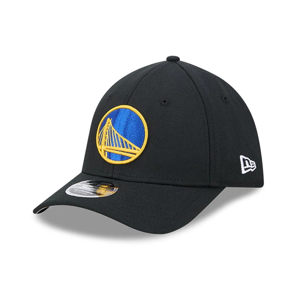 Golden State Warriors NBA Team Black New Era 39THIRTY M-Crown Stretch Fit Cap, three-quarter view showing the raised embroidered Warriors logo in yellow and blue on the front panel, a white New Era flag logo on the left side.