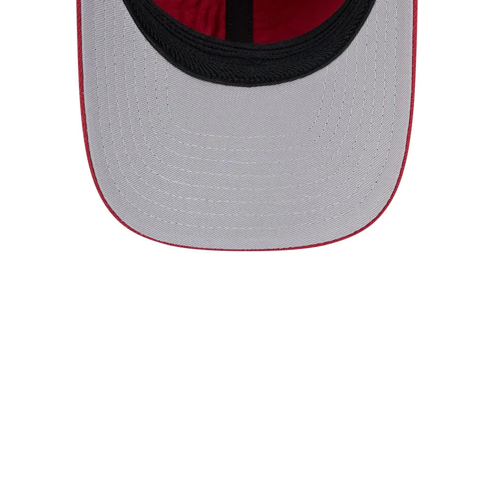 Miami Heat NBA Team Red New Era 39THIRTY M-Crown Stretch Fit Cap, inside view showing the grey undervisor with neat stitching, the black sweatband lining the edge, and the red interior taping down the centre.