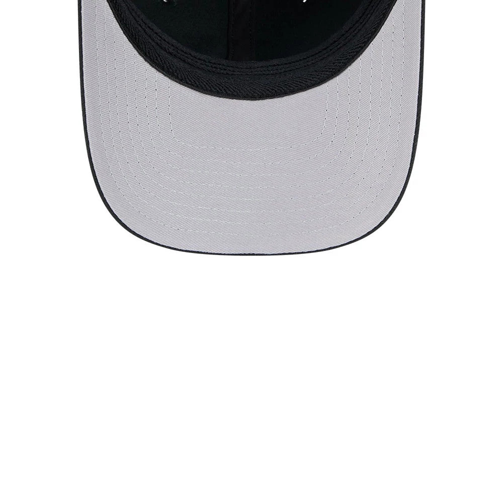 Boston Celtics NBA Team Black New Era 39THIRTY M-Crown Stretch Fit Cap, inside view showing the grey undervisor with stitching, complemented by black sweatband and a structured design.