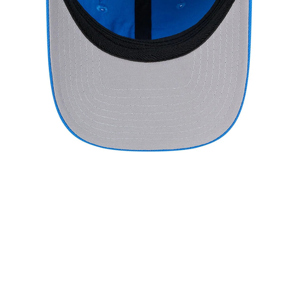 Oklahoma City Thunder NBA Team Blue New Era 39THIRTY M-Crown Stretch Fit Cap, inside view showing a grey undervisor with black stitching, blue crown lining, and black internal taping.