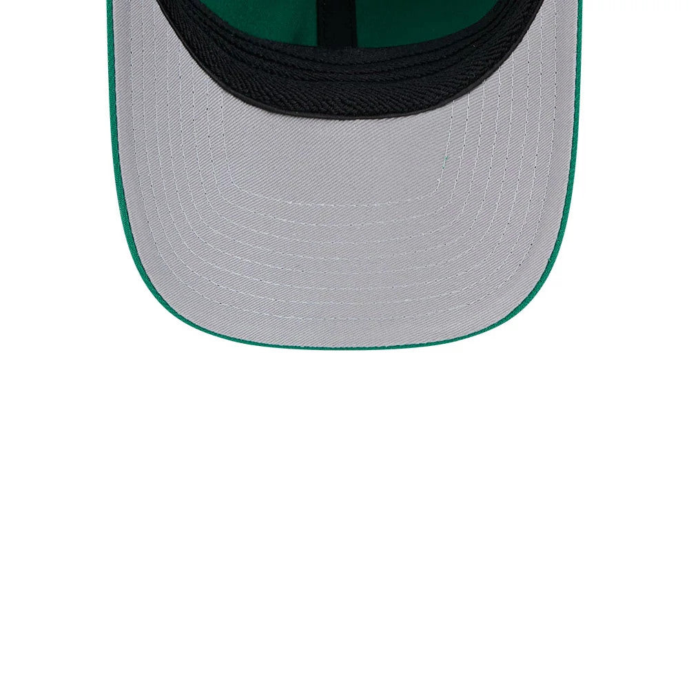 Boston Celtics NBA Team Green New Era 39THIRTY M-Crown Stretch Fit Cap, inside view showing the grey undervisor with black sweatband lining the inner edge, accented by green taping on the structured panels of the cap.