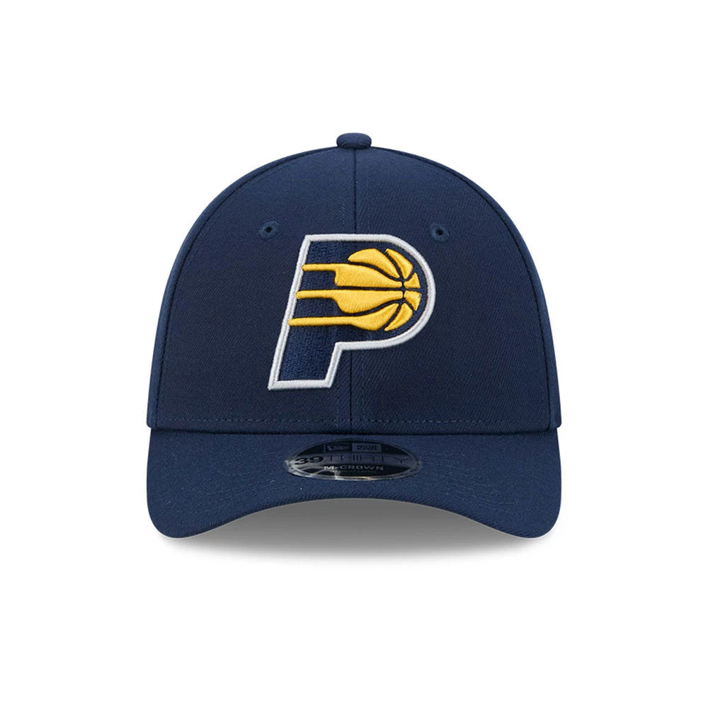 Indiana Pacers NBA Team Dark Blue New Era 39THIRTY M-Crown Stretch Fit Cap, front view showing the yellow and white embroidered Indiana Pacers logo on the structured dark blue crown, with a curved visor and 39THIRTY size sticker.